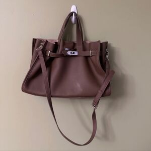 Taupe Brown Pebbled Tote Bag Crossbody Purse with Silver Hardware